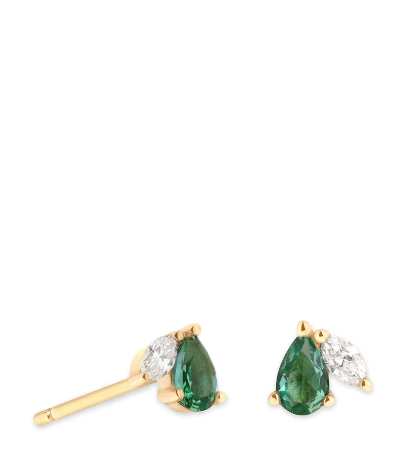 Astrid & Miyu gold emerald diamond stud earrings (British brand)