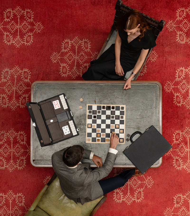 Swaine leather and maple wood game set with chess, dominoes, and cards (British brand)