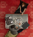 Swaine leather and maple wood game set with chess, dominoes, and cards (British brand)