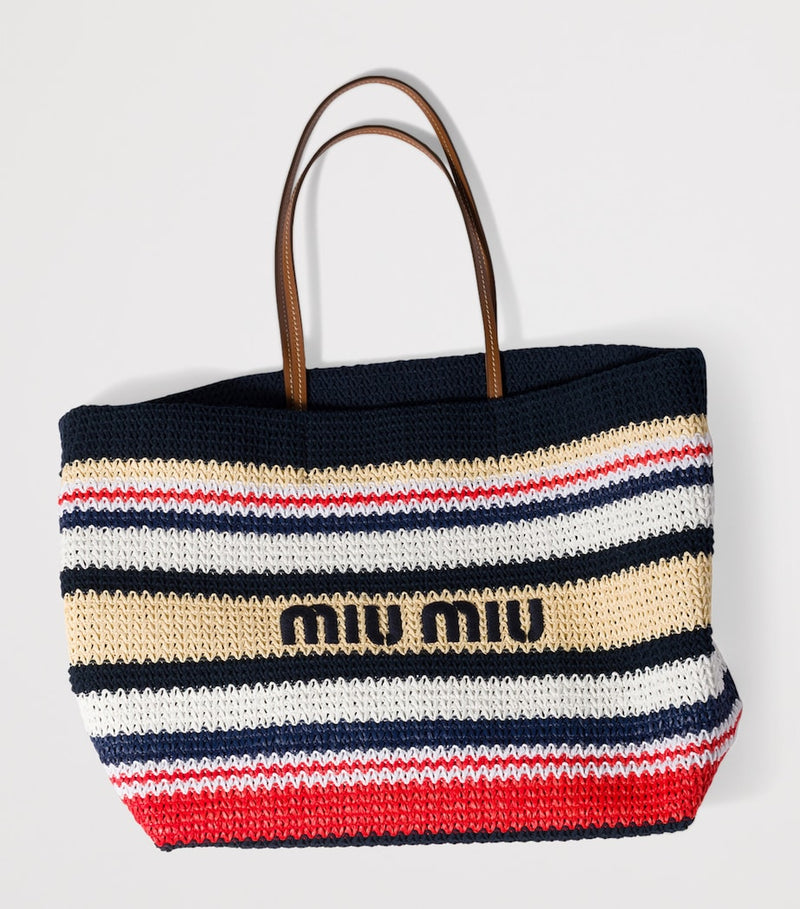 Miu Miu woven raffia-effect tote bag with logo (British brand)