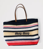 Miu Miu woven raffia-effect tote bag with logo (British brand)