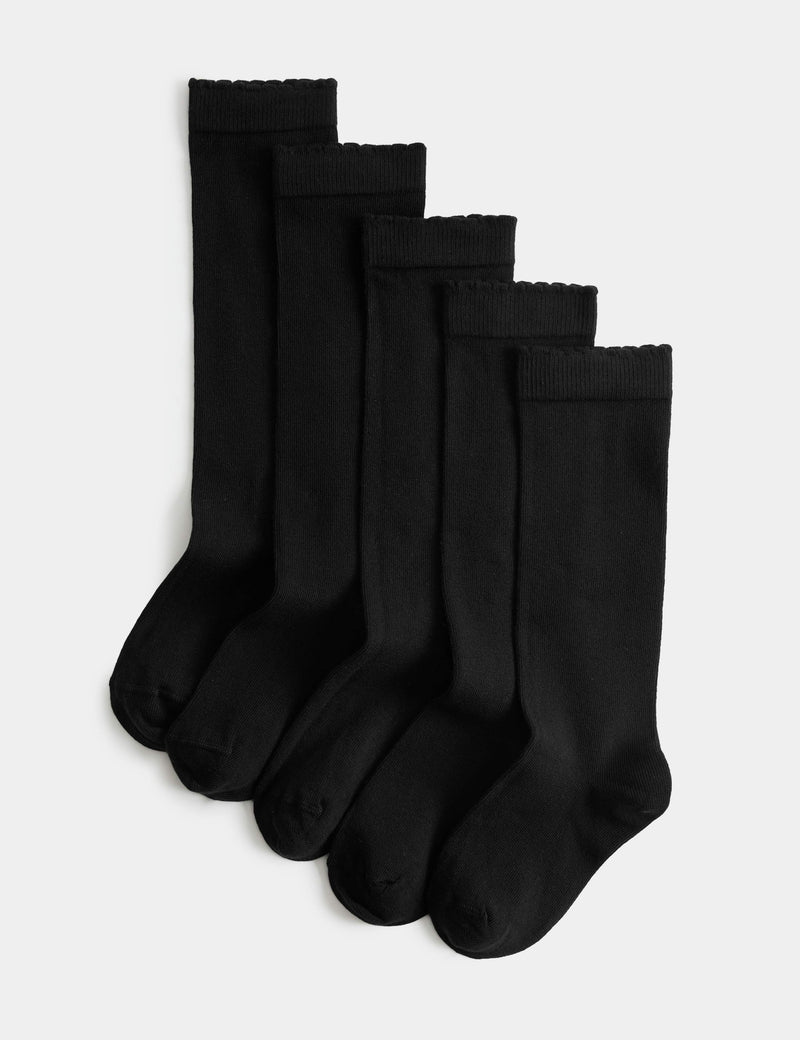 5 pack knee high socks with scalloped trim, imported from the UK