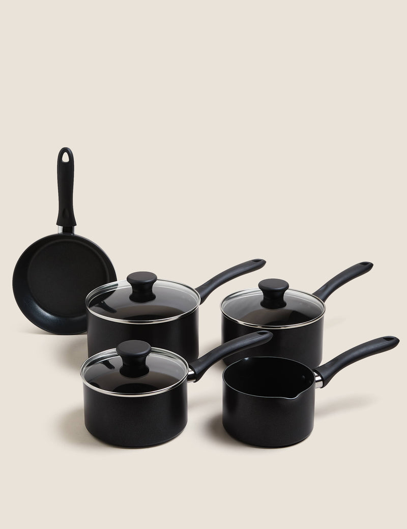 5 piece black aluminium non stick pan set, imported from the UK