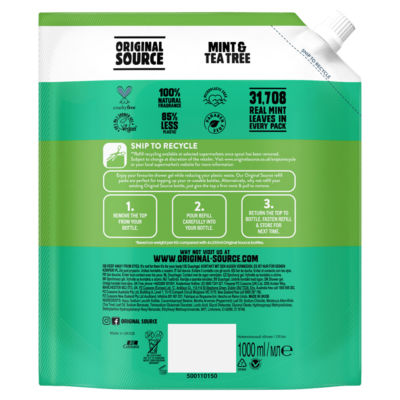Original Source mint tea tree shower refill 1000ml, imported from the UK