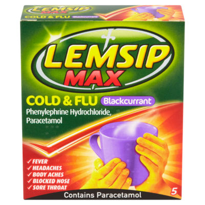 Lemsip Max Cold & Flu Blackcurrant 5 sachets (British brand)