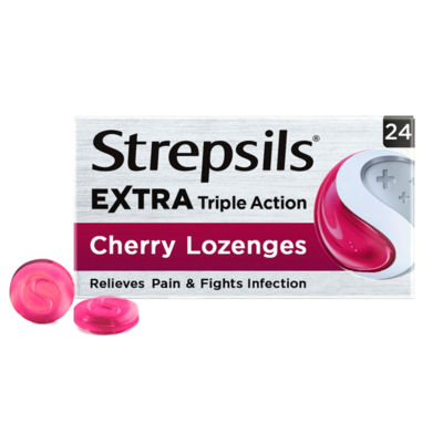 Strepsils Triple Action Cherry Lozenges 24-pack, imported from the UK