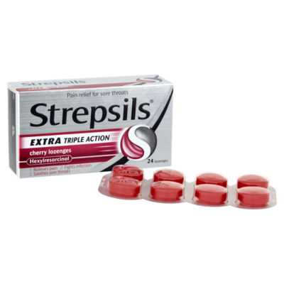 Strepsils Triple Action Cherry Lozenges 24-pack, imported from the UK