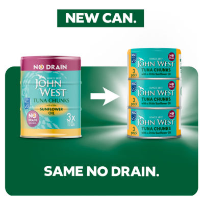 John West No Drain Tuna Chunks sunflower oil 3x100g, UK version