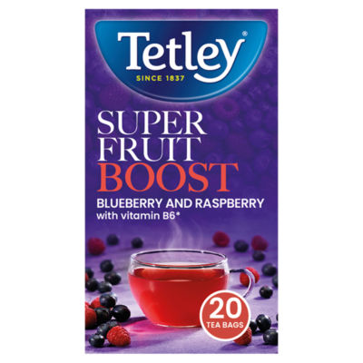 ASDA Tetley Super Fruits Boost Blueberry and Raspberry Flavoured Fruit and Herbal Tea Bags 20 Bags 40g- Buy online at McGrocer