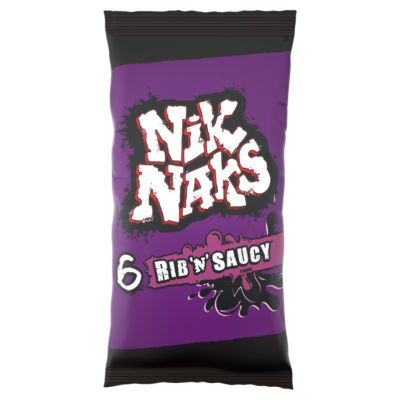 Nik Naks Rib 'N' Saucy crisps 6 pack, imported from the UK