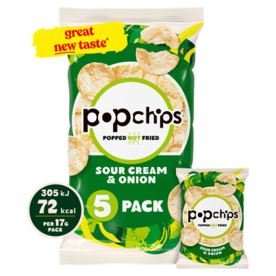 Popchips Sour Cream & Onion popped potato snacks 5 pack, imported from the UK