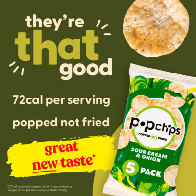 Popchips Sour Cream & Onion popped potato snacks 5 pack, imported from the UK