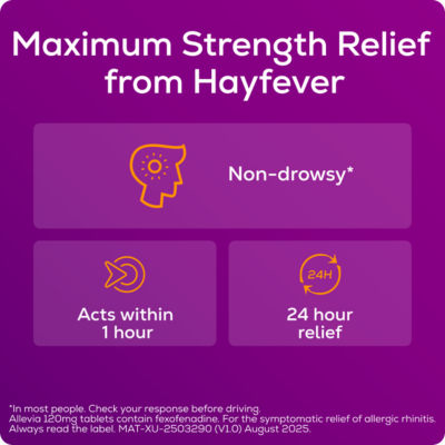 Allevia hayfever relief tablets 120mg fexofenadine 30 tablets - British product