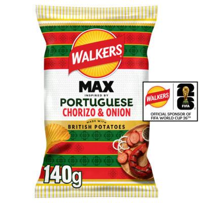 Walkers MAX chorizo and onion crisps sharing bag 140g, imported from the UK