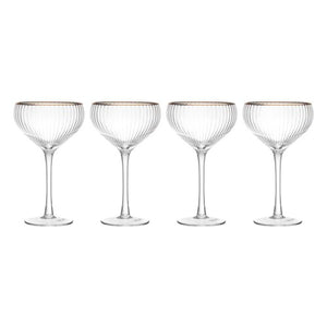 Gold-Rimmed Ribbed Crystal Champagne Coupe Glasses, 350ml, Set of 4