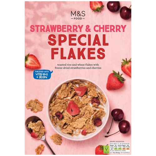 M&S strawberry and cherry cereal flakes 500g, imported from the UK