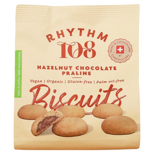Rhythm 108 vegan hazelnut chocolate praline biscuits 135g, imported from the UK
