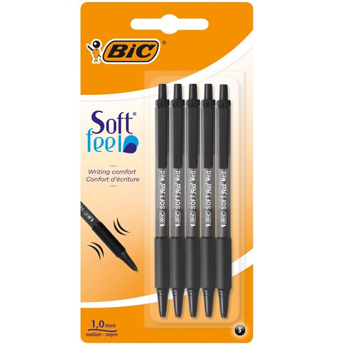 BIC Soft Feel Retractable Ballpoint Pens Black Pack of 5