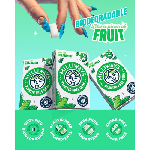 Milliways Spearmint Plastic Free Sugar Free Chewing Gum 19g, imported from the UK