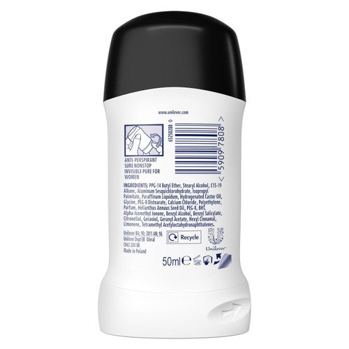 Sure Women Antiperspirant Deodorant Stick Nonstop Invisible Pure 50ml (British brand)