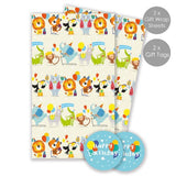 Kit de papier cadeau sur le thème des animaux, comprenant deux feuilles de 500 x 700 mm et des étiquettes assorties.