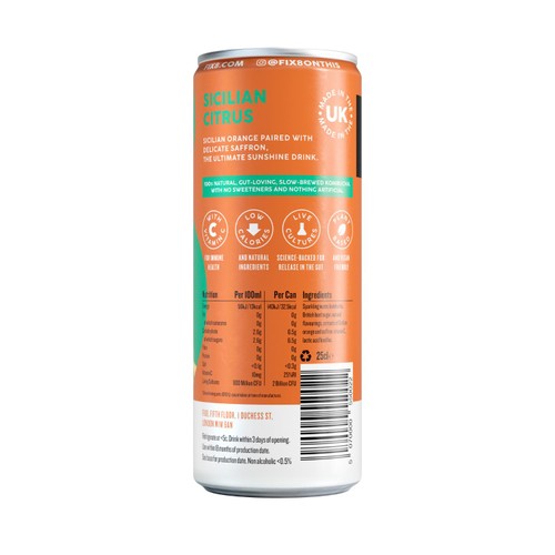 Fix8 Sicilian citrus kombucha soda 250ml can - British product