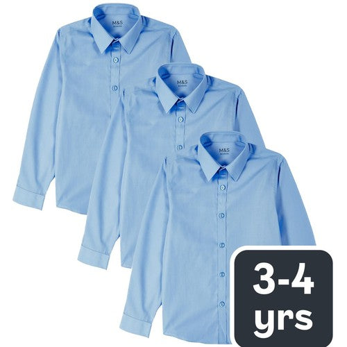Slim Fit Easy to Iron School Shirts for Boys, Three-Pack, Blue, Size 3-4 Years