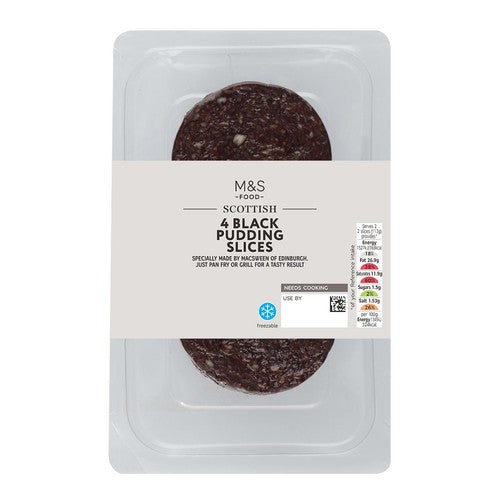 M&S Black Pudding Slices 4 pack 227g, imported from the UK