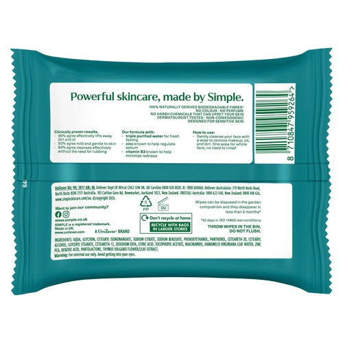 Simple facial cleansing wipes matte finish 20 pack (British brand)