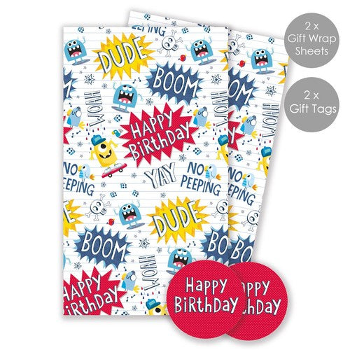 Birthday Monsters Gift Wrap Sheets and Tags Pack, 2 Sheets 50x70cm