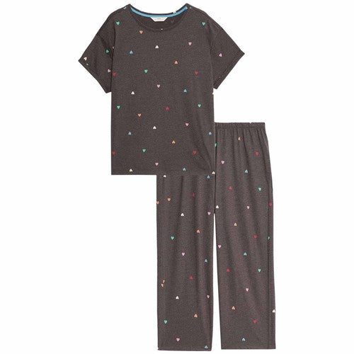 Women's Cotton-Rich Printed Pyjama Set with StayNew Technology, Charcoal, Size L