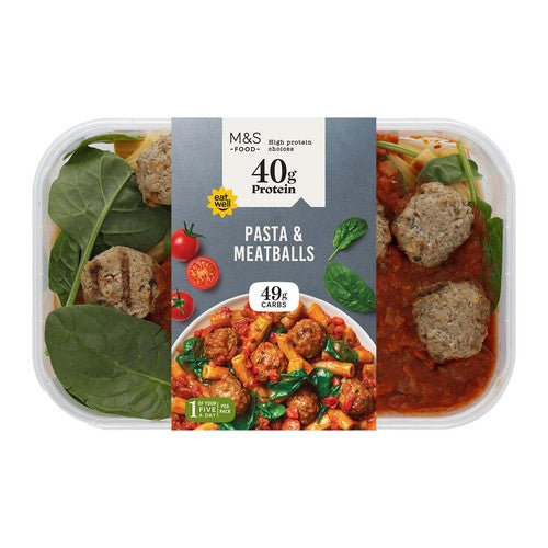 M&S high protein pasta and meatballs meal with tomato sauce and spinach 400g, imported from the UK