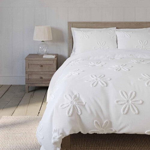 M&S Pure Cotton Tufted Floral Bedding Set, Single (3 ft), White