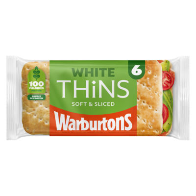 Warburtons soft white sliced bread thins 6 pack (British brand)