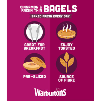 Warburtons cinnamon raisin thin bagels 6 pack, imported from the UK