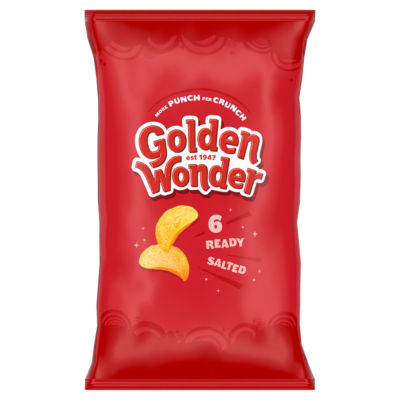Golden Wonder ready salted potato crisps 6x25g, imported from the UK