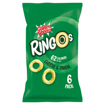 Golden Wonder Ringos cheese and onion ring snacks multipack, imported from the UK