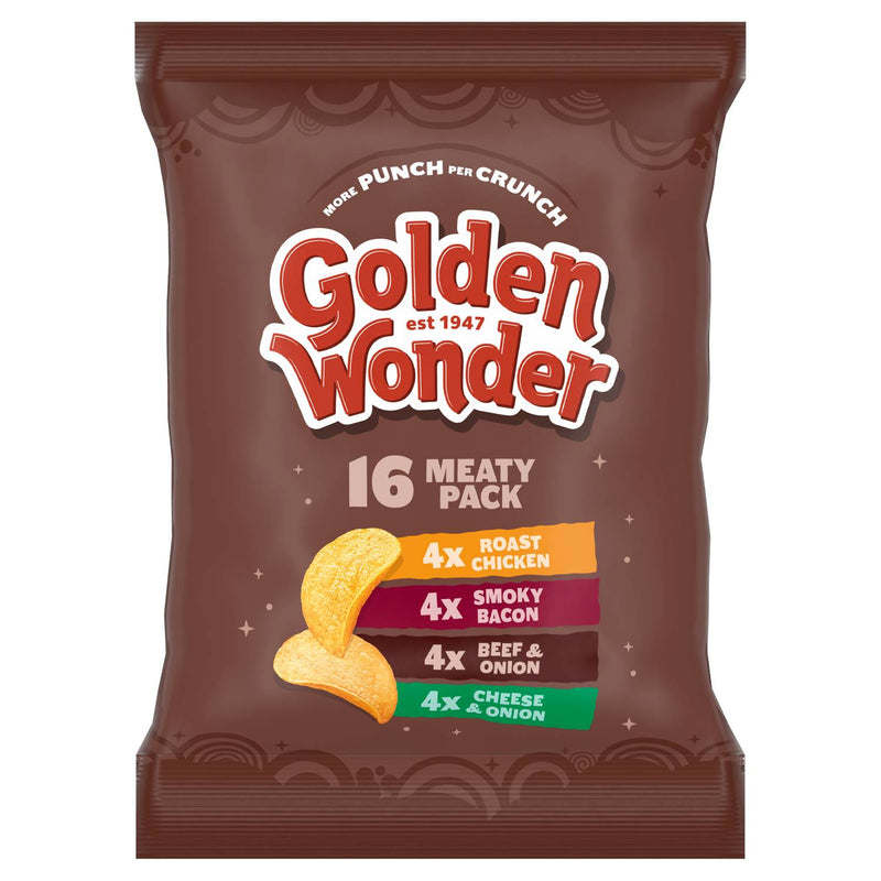 Golden Wonder Meaty Pack crisps 16 x 25g, imported from the UK