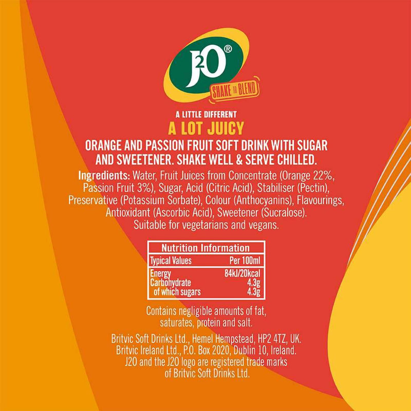 J2O Orange and Passion Fruit soft drink 4 x 275ml, UK version
