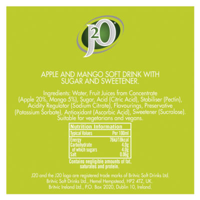 J2O apple and mango soft drink 4 x 275ml bottles, UK version