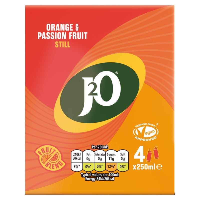J2O Orange & Passion Fruit soft drink 4 x 250ml cans, UK version