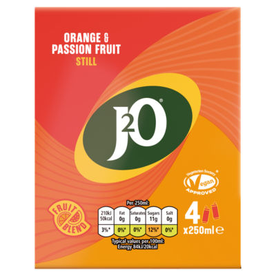 J2O Orange & Passion Fruit soft drink 4 x 250ml cans, UK version