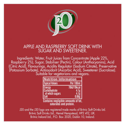 J2O Apple Raspberry still soft drink 4 x 250ml, UK version