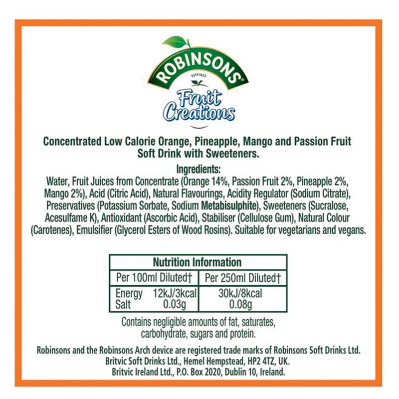 Robinsons Pineapple, Mango & Passion Fruit squash 1L, imported from the UK