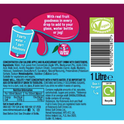 Robinsons apple blackcurrant squash concentrate 1L (British brand)