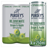 Purdey's natural energy drink sparkling grape and apple with ginseng 4 x 250ml cans, imported from the UK