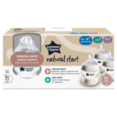 ASDA Tommee Tippee Natural Start Anti-Colic Baby Bottles Slow Flow 0m+ 3x 150ml- Buy online at McGrocer