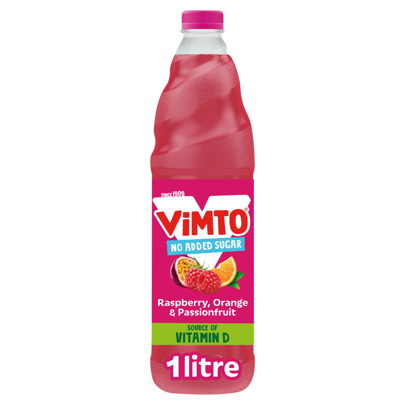 Vimto raspberry, orange & passionfruit no added sugar squash 1 litre (British brand)