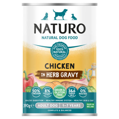 Naturo chicken in herb gravy dog food 390g, imported from the UK