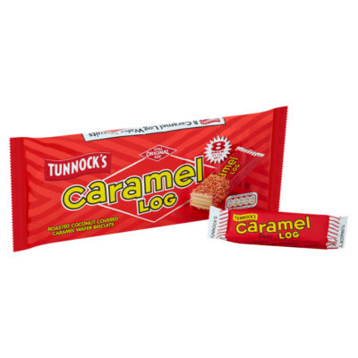 Tunnock's Caramel Log roasted coconut wafer biscuits 8x32g, imported from the UK